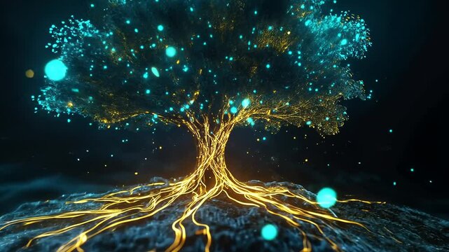 Illuminated mystical tree with glowing roots and branches in a surreal landscape