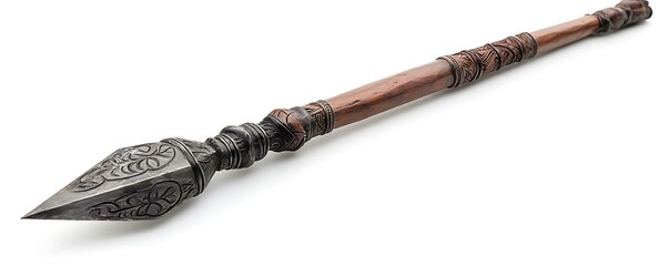 Close-up of a traditional African spear with an elaborately carved wooden handle and a metal head, isolated on white. Full ultra HD,