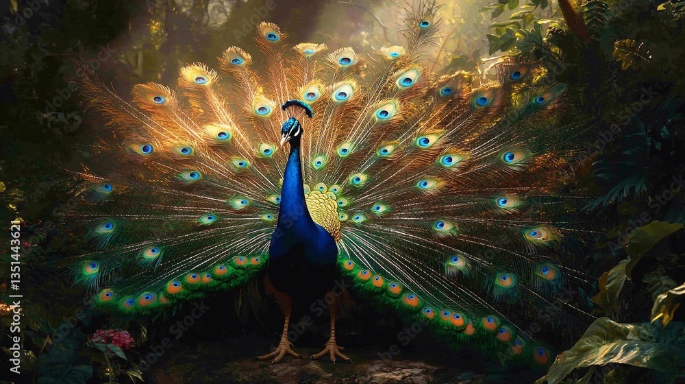 Poster majestic peacock displaying its feathers in a lush forest setting with soft light