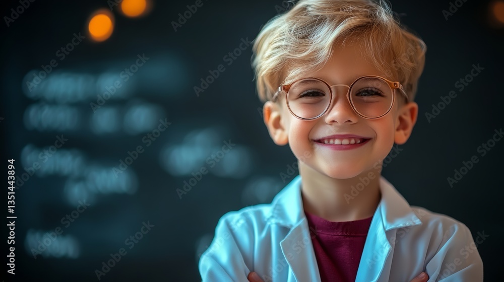 Poster young boy wearing a lab coat and glasses is smiling. he is standing in front of a chalkboard with va