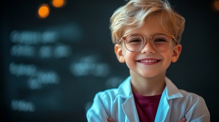 Young boy wearing a lab coat and glasses is smiling. He is standing in front of a chalkboard with various numbers and letters on it