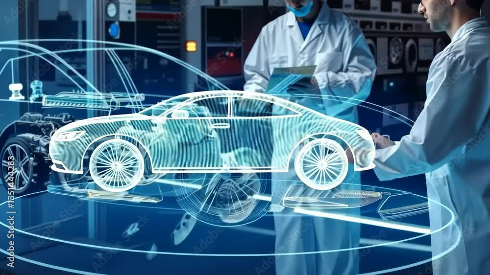 Poster Two skilled engineers in lab coats closely analyze a holographic model of an advanced car, showcasing innovations in automotive technology and seamless AI integration for enhanced functionality