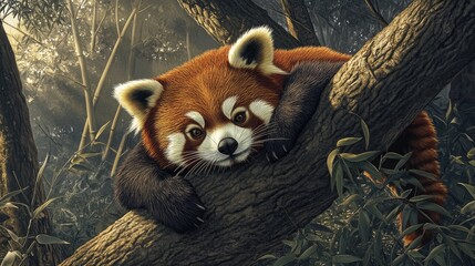 Red Panda Resting on a Branch in a Lush Forest