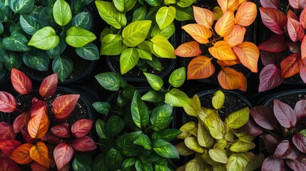 Fototapeta premium Colorful Potted Plants with Variegated Foliage, Vivid Leaf Colors, Overhead Shot, Nature