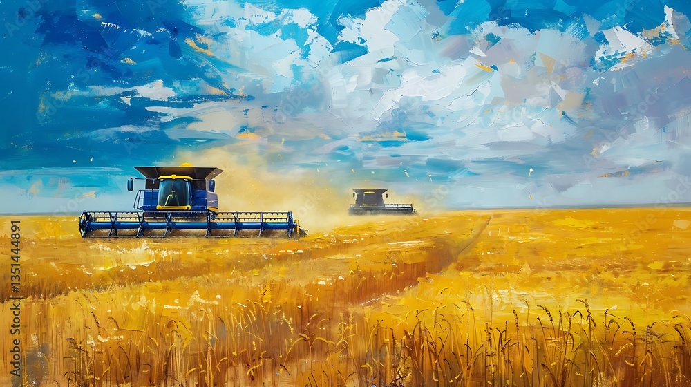 Poster modern combine with an advanced threshing mechanism harvesting canola in a vast field