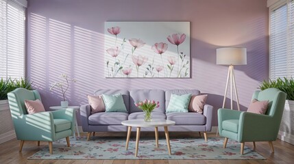Generative AI, Pastel floral living room with lavender walls