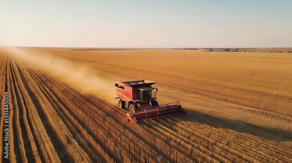 Poster modern combine with an advanced threshing mechanism harvesting canola in a vast field