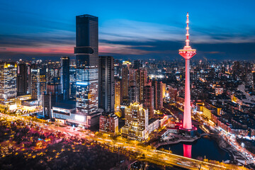 Aerial Night View of Skyline of TV Tower and Youth Park City in Shenyang, Liaoning Provine, China