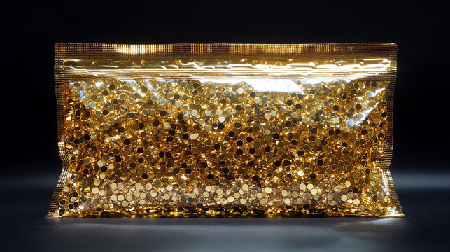 Transparent golden sequins inside sealed plastic bag, concept for luxury, fashion, and decoration