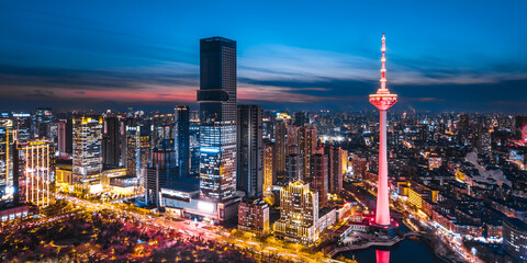 Obraz premium Aerial Night View of Skyline of TV Tower and Youth Park City in Shenyang, Liaoning Provine, China