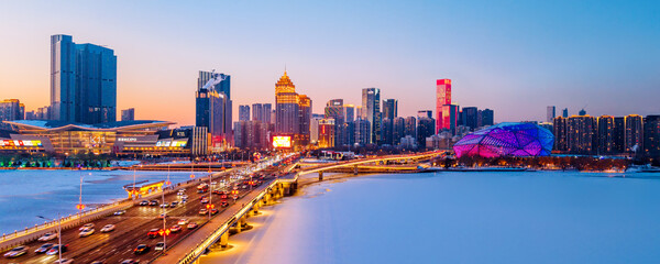 Fototapeta premium Aerial night view of the city skyline of Hunnan New District, Shenyang, Liaoning Province, China