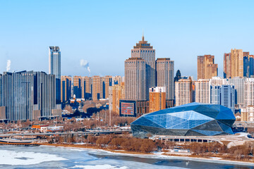 Aerial close-up of the skyline of Shengjing Grand Theater in Shenyang, Liaoning, China
