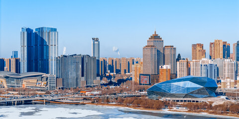Aerial close-up of the skyline of Shengjing Grand Theater in Shenyang, Liaoning, China
