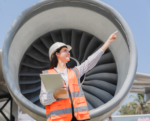 Engineer Inspects Aircraft Engine: A confident female engineer, wearing a hard hat and safety vest,...