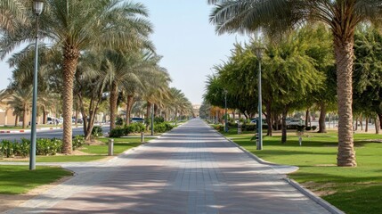 Fototapeta premium Serene Palm Tree Lined Walkway in the Middle East