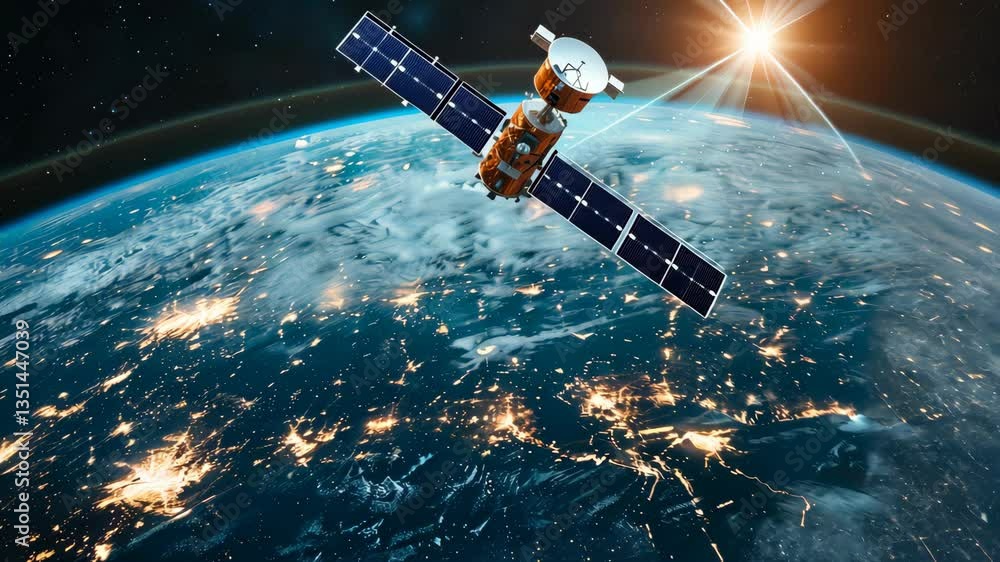 Poster a hightech satellite with advanced solar panels orbits earth, capturing crucial data and highlightin