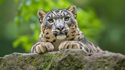Naklejka premium Close-Up Of A Snow Leopard Resting On A Rock Surrounded By Green Foliage In Nature