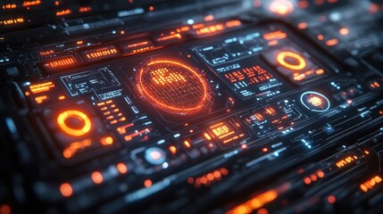 Obraz premium Glowing digital interface displaying data on circuit board background