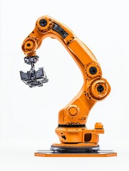Orange Robotic Arm Holding Metallic Object Against White Background
