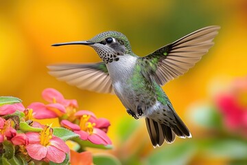 Naklejka premium Hummingbird in flight, vibrant flowers, blurred background, nature