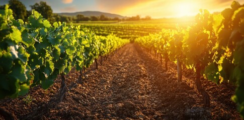 Naklejka premium Distinct qualities and flavors of wine influenced by unique characteristics of soil in a vineyard, highlighting terroir, lush vineyard background