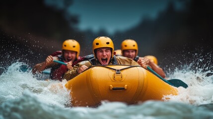 Group of people are in a yellow raft, with one of them yelling. Scene is energetic and adventurous
