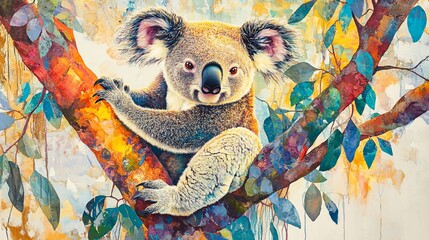 A vibrantly painted Koala resting on a tree branch artwork style beautiful
