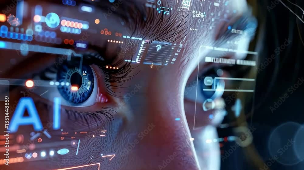 Poster a closeup of captivating eyes reveals a digital interface, symbolizing the fusion of technology and 