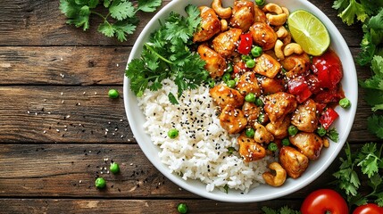 Sweet and savory chicken stir-fry with cashews and rice