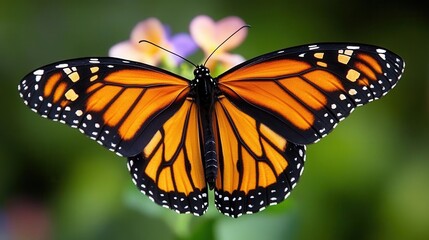 Fototapeta premium Close-Up of a Vibrant Monarch Butterfly with Orange and Black Wings Perched on a Flower