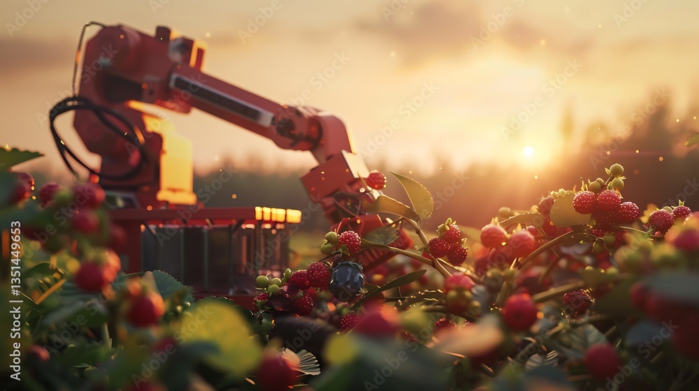 Poster robotic harvester picking berries in a field, sorting them into containers
