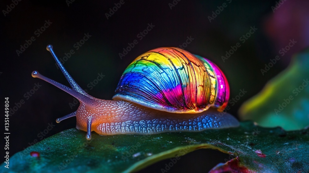 Poster a captivating close-up of a snail with a vibrant rainbow-colored shell resting on a green leaf