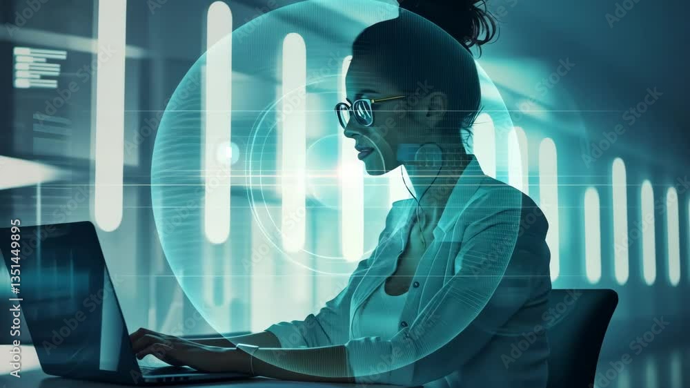 Poster The image shows a dedicated professional intently working on a laptop in a hightech environment, highlighting themes of technology, artificial intelligence, and modern business practices for success