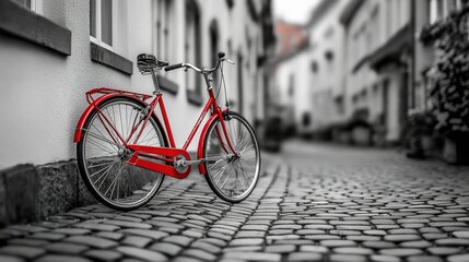 Retro red bike on cobblestone street, timeless charm in monochrome.
