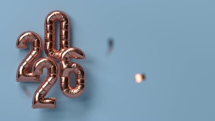 Happy New Year 2026 balloon moving gold text. Golden letters on the blue background with falling confetti. 4K loop 3D rendering animation, copy space. - Powered by Adobe