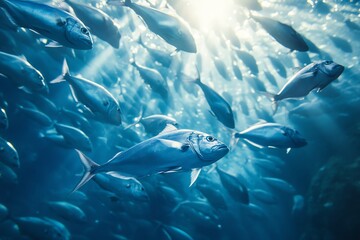 Fototapeta premium Swimming Fish School Underwater with Sunlight in Blue Ocean Scene