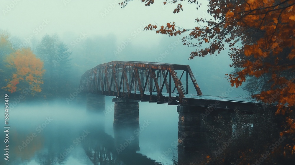 Poster a rusty bridge spanning a misty lake with trees in autumn colors, enveloped in fog