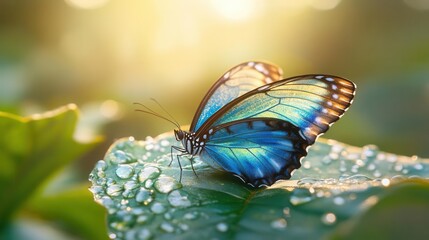Closeup of a Vibrant Blue Butterfly Resting on a Dewy Leaf in a Sunlit Garden Setting