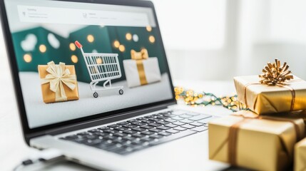 Online Shopping with Laptop and Holiday Gifts in Cozy Environment