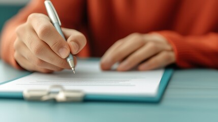 Fototapeta premium Hand Holding Pen Writing on Paper Document with Clipboard Overview