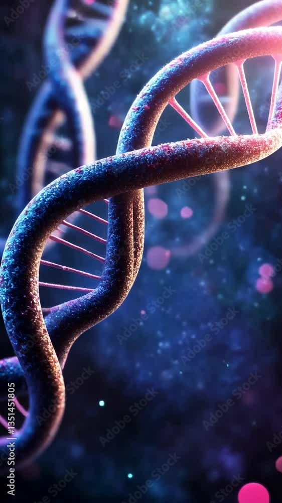 Poster detailed visualization of a dna double helix structure illuminated in a vibrant cosmic setting