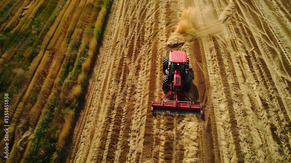 Poster smart tractor with an attached hay rake, forming neat rows of hay in a field