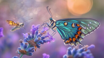 Closeup of a Colorful Butterfly and Honeybee Pollinating Lavender Flowers in a Serene Garden