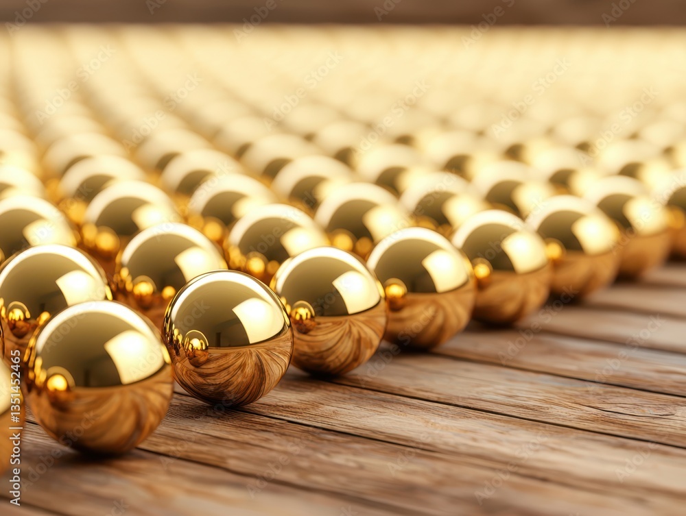 Poster a close-up view of shiny golden spheres arranged in a neat pattern on a wooden surface, creating a v
