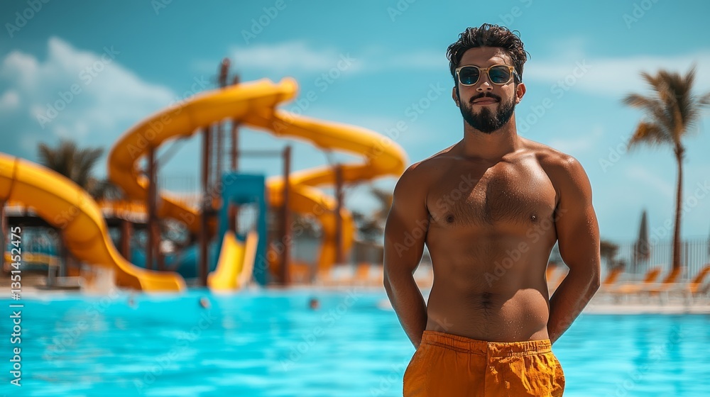 Poster man in an orange swimsuit stands in front of a yellow slide. he is smiling and he is enjoying his ti