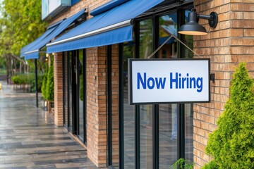 Obraz premium Now Hiring Sign Outside a Modern Retail Store in Urban Area