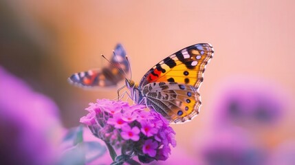 Colorful Butterflies Gathering Nectar from Delicate Flowers in a Soft Focus Garden Setting