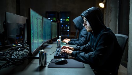 Two individuals in hoodies working at a multi-monitor setup in a dark server room. Green code displays across screens with energy drinks on the desk and server equipment visible in background.