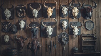 Antique Skull Collection on Rustic Wooden Wall