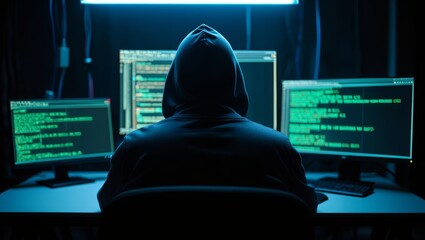 Rear view of hooded figure facing three monitors displaying green code against dark blue background, creating dramatic silhouette effect.